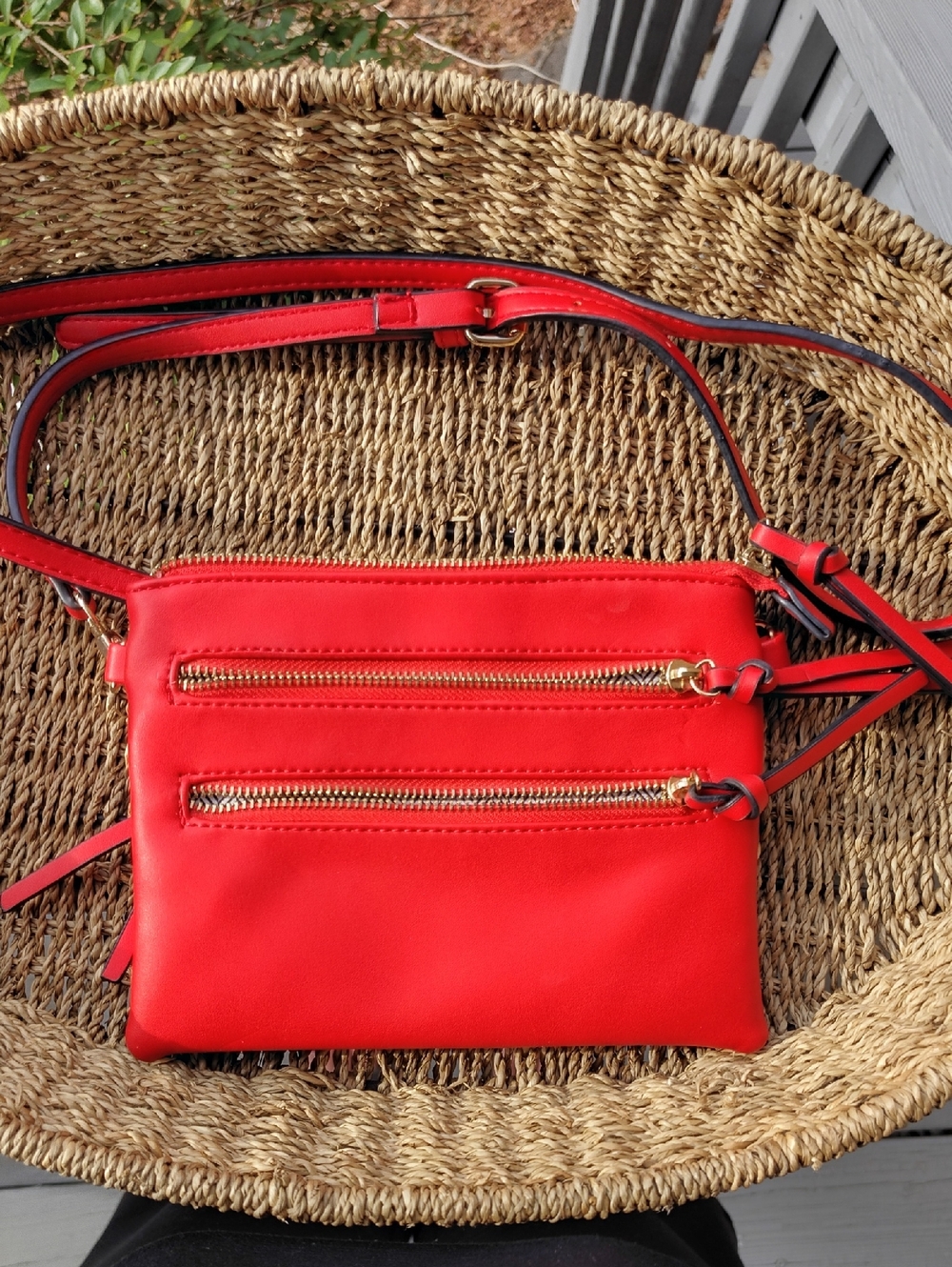 Red Crossbody Bag with Dual Zip Pockets